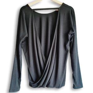 AERION Apres Ride Open Back Drape Surplice Blouse Long Sleeve Top Black Sz S